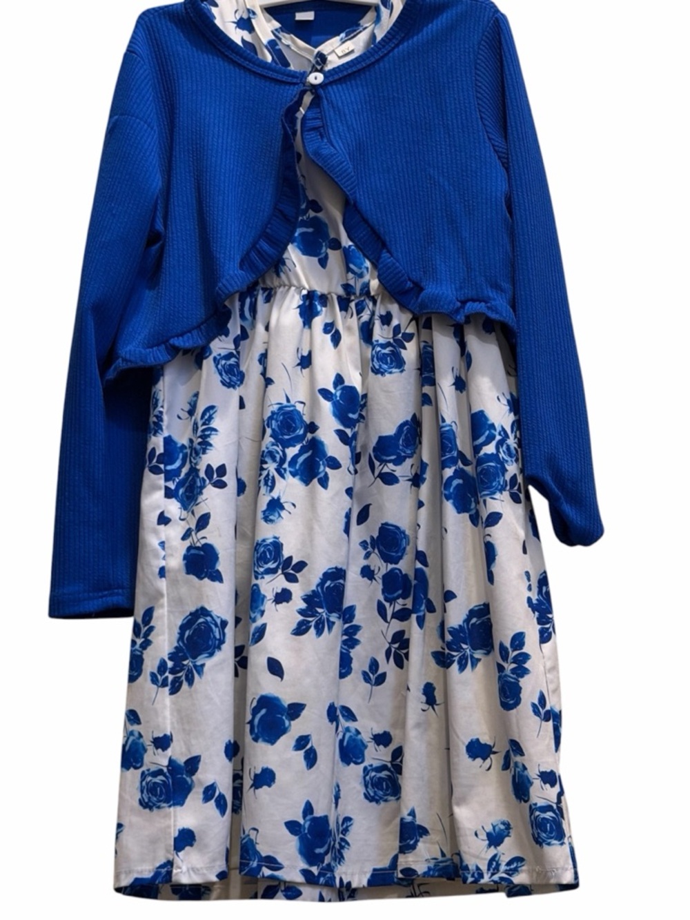 Royal Blue Floral Dress with Matching Cropped Cardigan